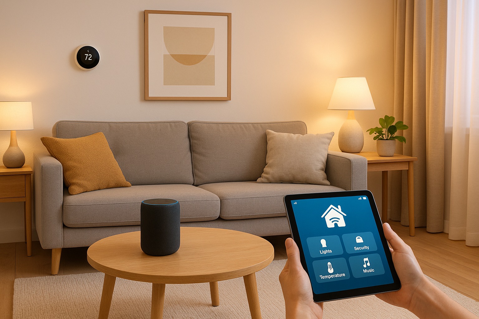 A welcoming living room set up with beginner friendly smart home devices