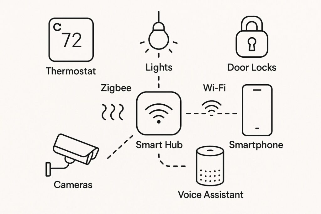Diagram showing how smart devices in a home communicate with a smart hub and mobile app