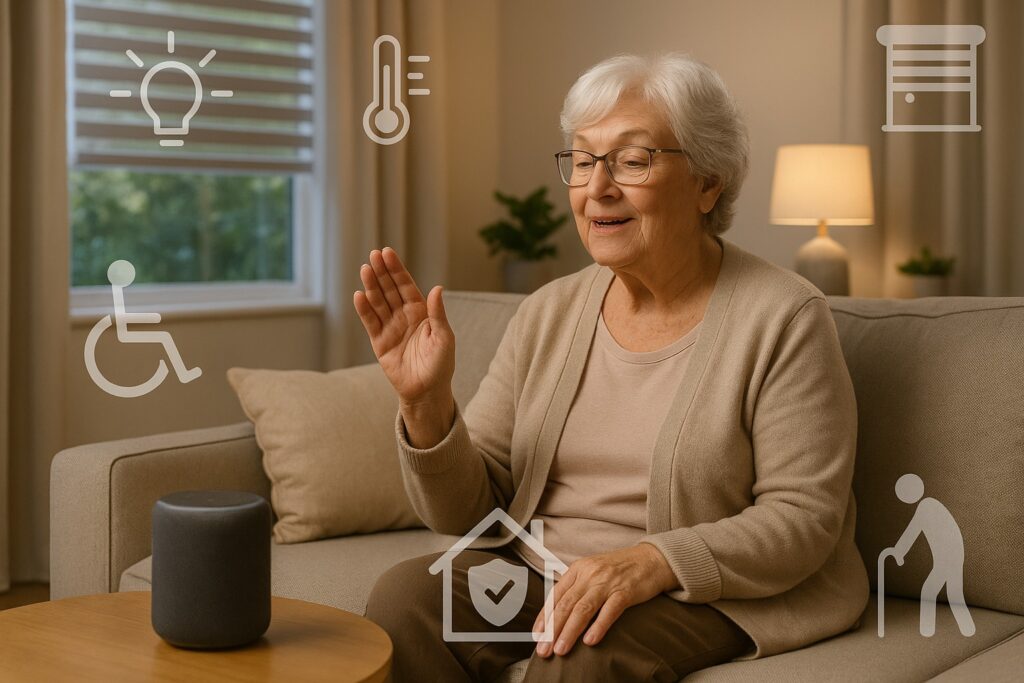 Elderly woman using voice activated smart home assistant to control lighting and temperature