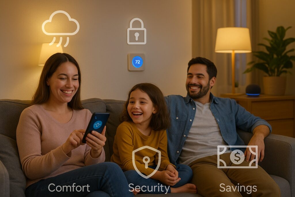 Family relaxing in a smart home environment with connected devices like smart lights