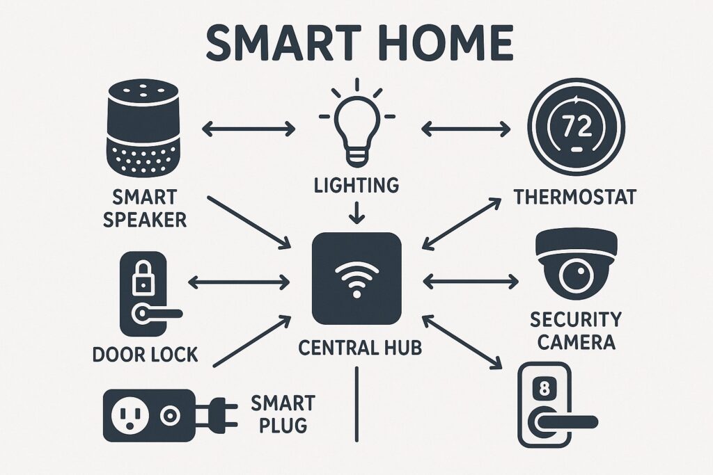 Infographic of essential smart home devices connected in a central ecosystem