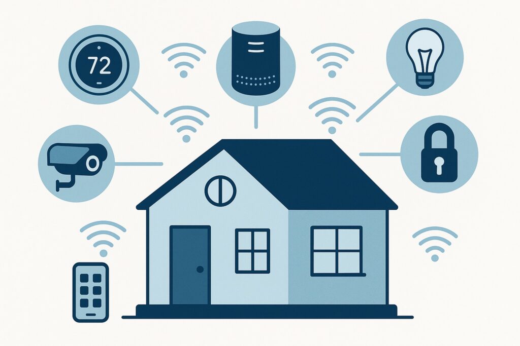 Infographic showing connected smart home devices communicating over WiFi