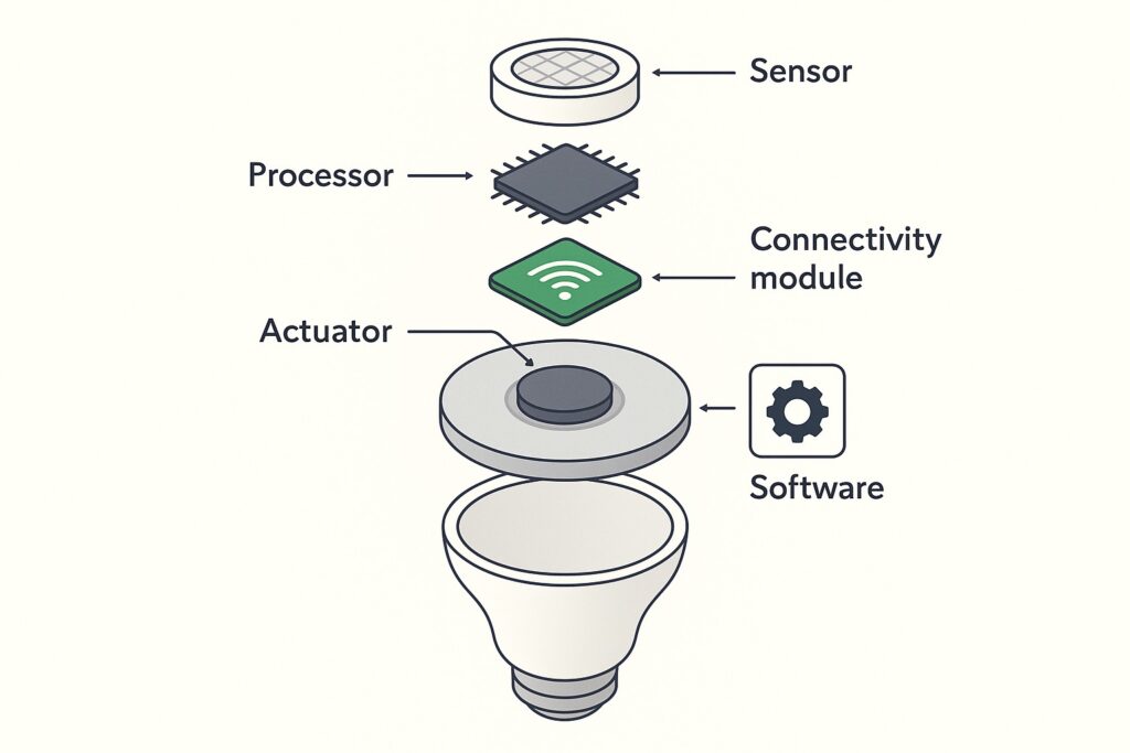 Internal breakdown of smart device showing key components like sensor