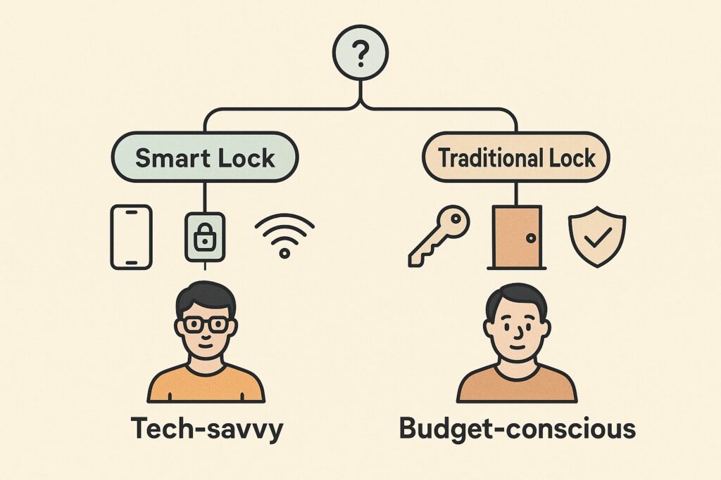 Lock selection guide showing decision tree for choosing smart locks or traditional locks