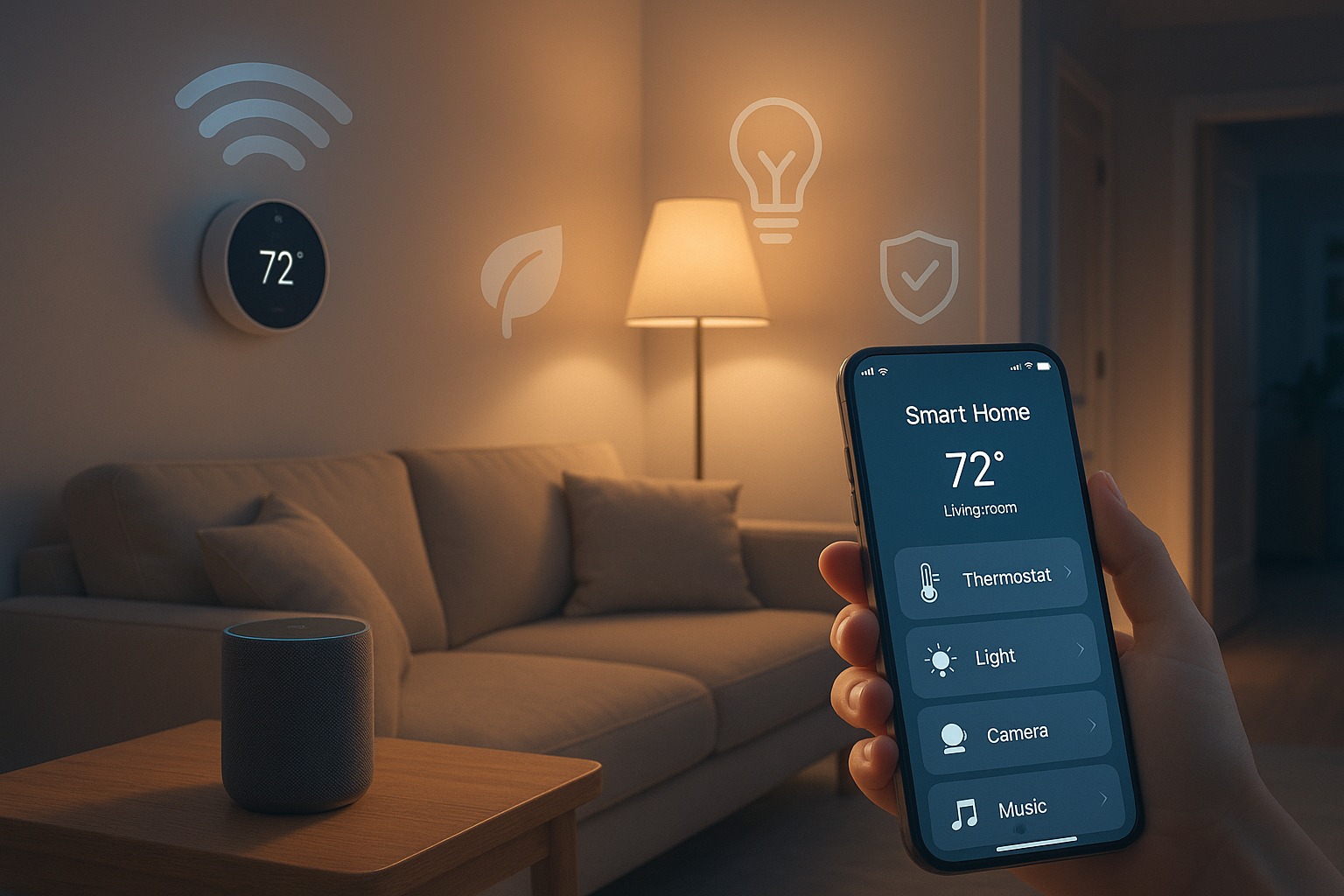 Modern smart home setup with smart thermostat voice assistant and automated lighting