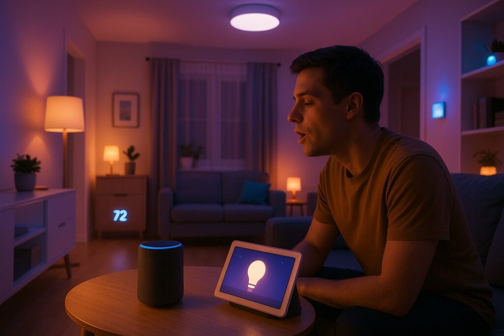 Person using voice commands to control smart devices in a modern smart home