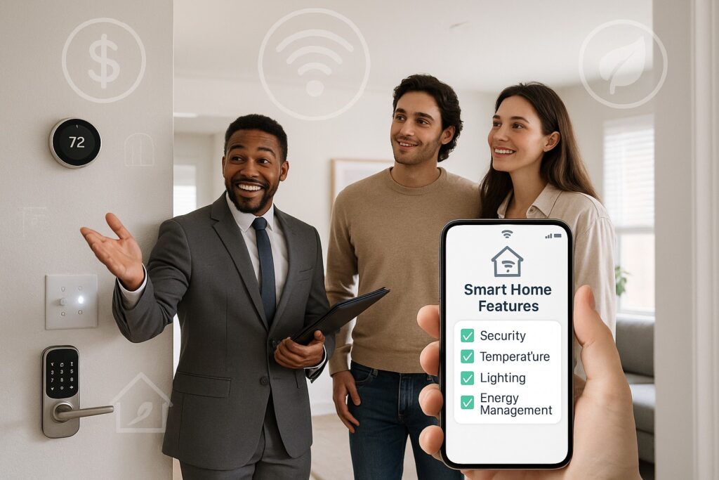 Real estate agent showing a smart home to prospective buyers