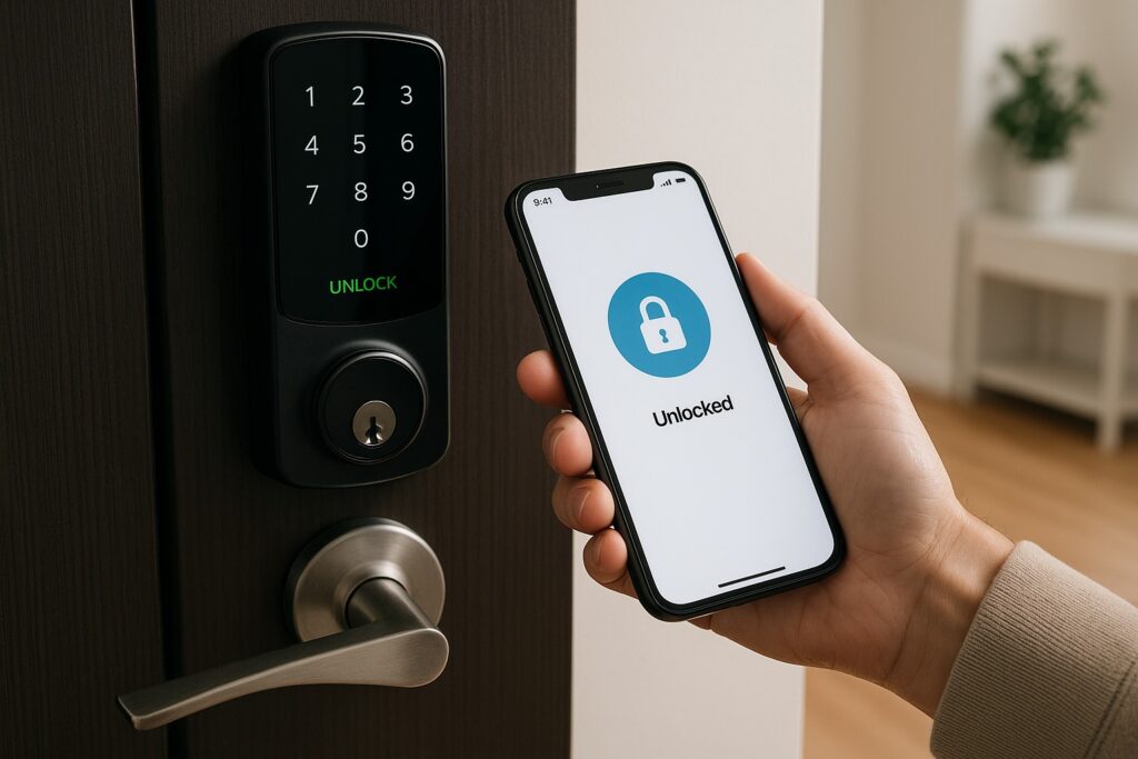 Smart door lock being controlled remotely via mobile app