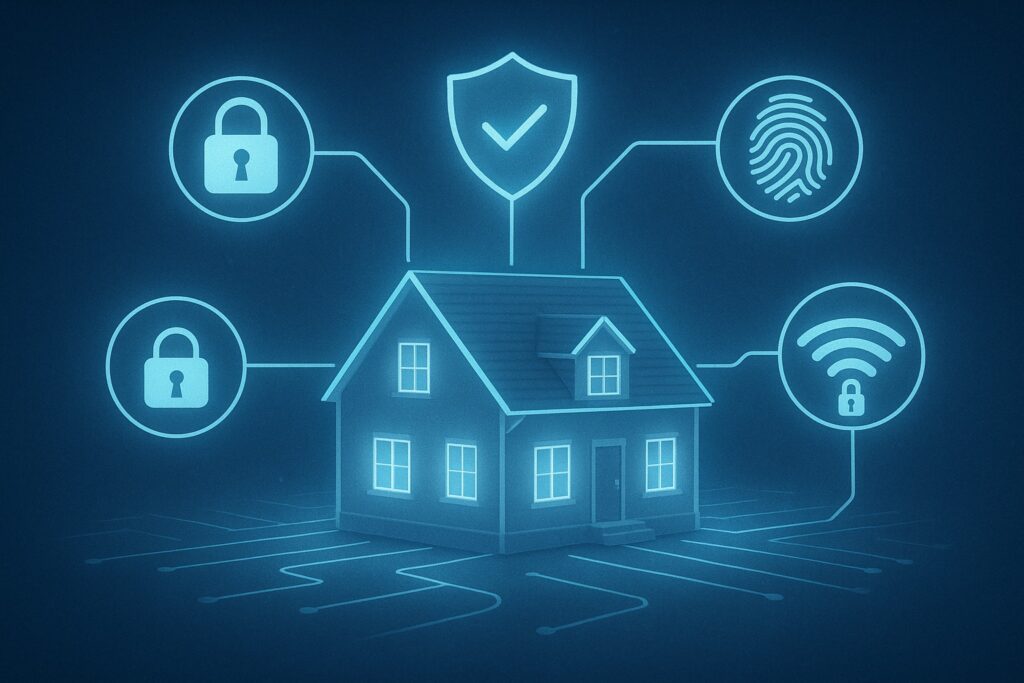 Smart home illustration with icons representing cybersecurity and privacy protection features