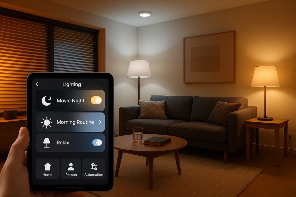 Smart home interior showing customizable lighting