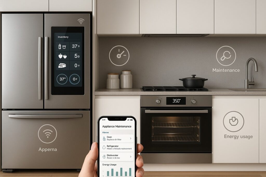 Smart kitchen appliances including a refrigerator oven and dishwasher