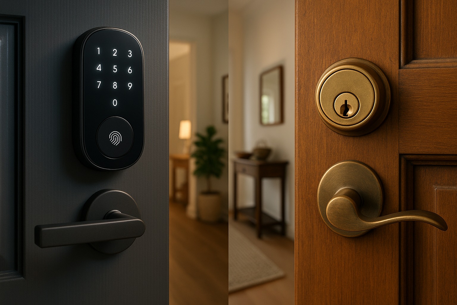 Smart lock vs traditional lock comparison at front door