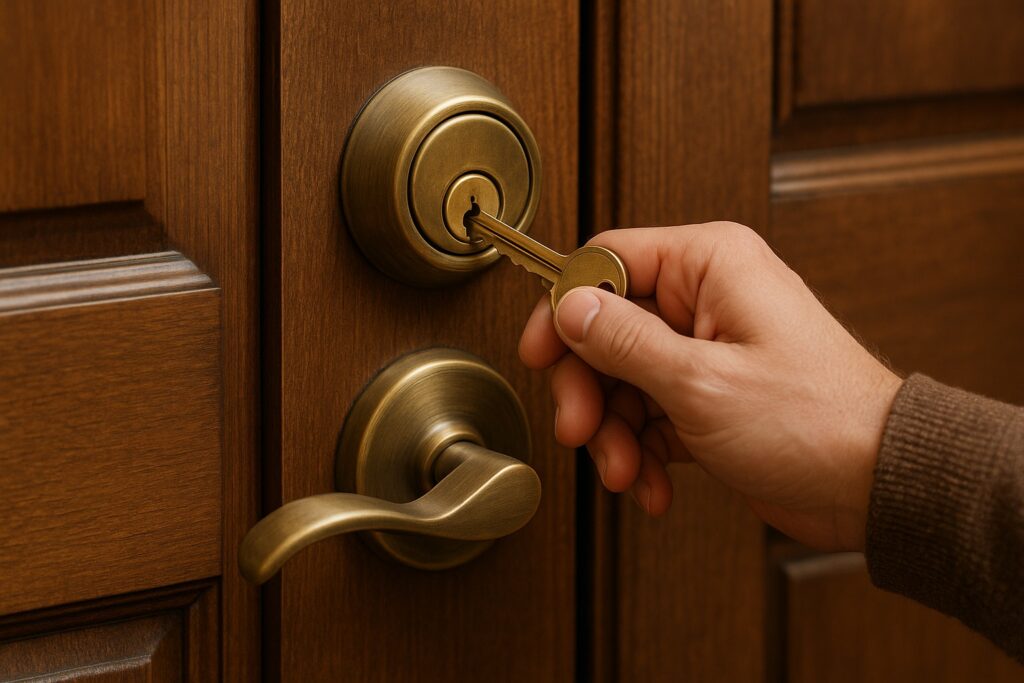 Traditional mechanical lock with key being used