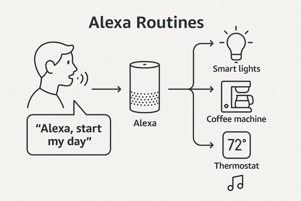 Visual explanation of Alexa routines triggering multiple smart devices from a single command.