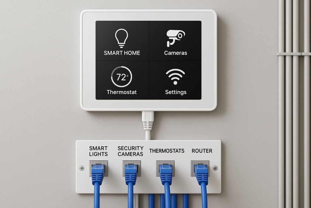 Wired smart home system showing structured Ethernet connections to lights