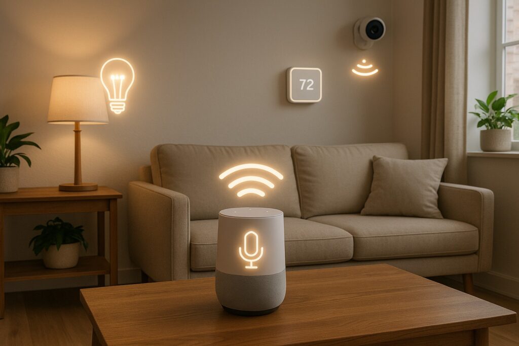 Wireless smart home system with Wi Fi connected devices including smart speaker
