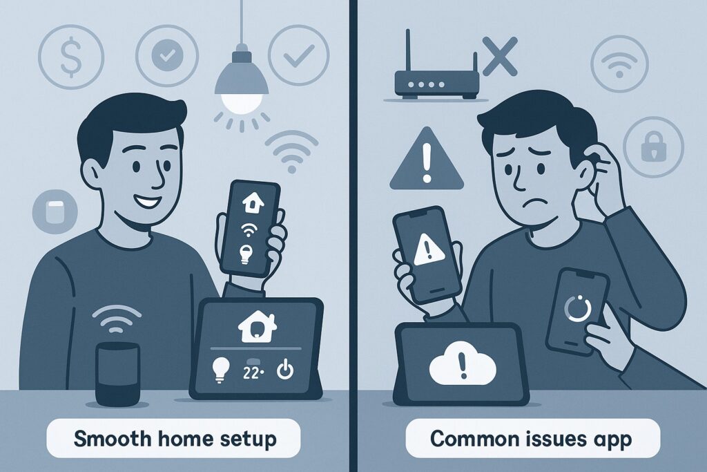 showing smooth device control on one side and technical issues like Wi Fi failure